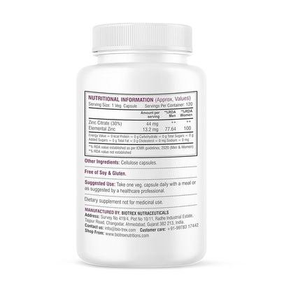 Biotrex Nutraceuticals Zinc Citrate Supplement | Immunity & Growth | Better Immune System & Overall Healing | Well Absorbed Zinc | 120 Veg Capsules
