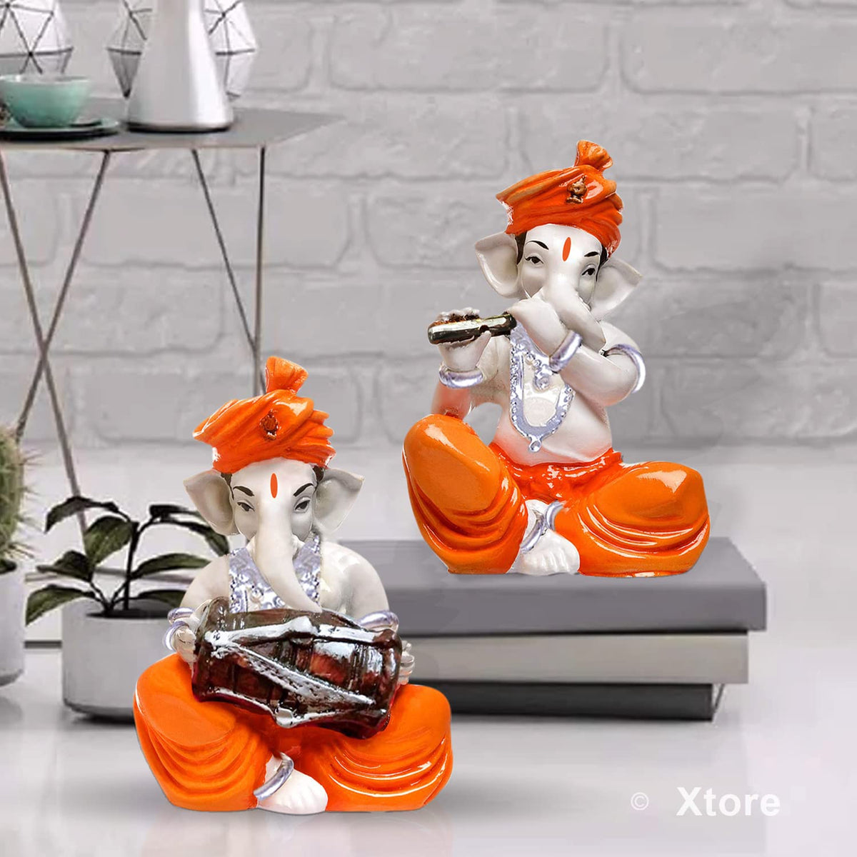 Xtore Musical Ganesha Pair for Home Decor Handicraft Resin| Brings Prosperity - (Orange and White, Pack of 2)(Resin)