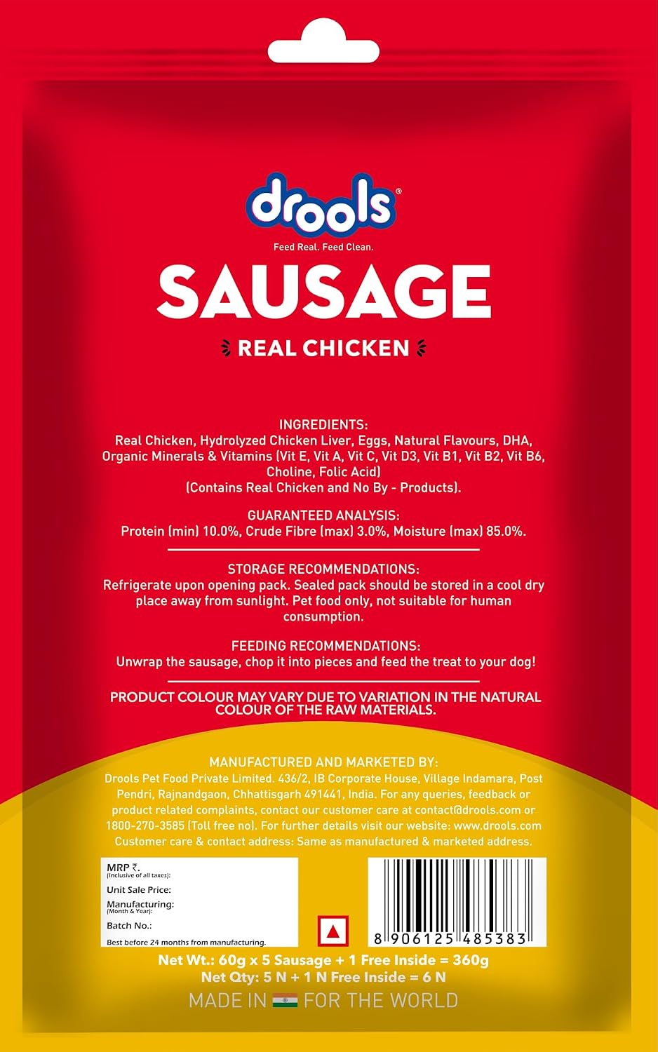 Drools Puppy & Adult Dog Sausage 360g (5+1 Free) | Chicken Flavour | Supports Brain & Vision Development | Promotes Muscle Growth | Aids Digestion & Overall Wellness