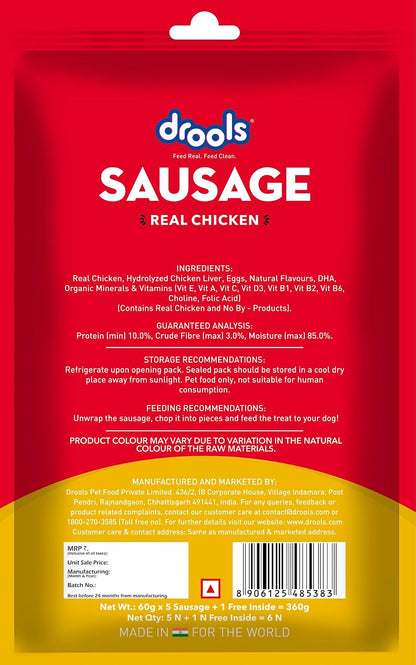 Drools Puppy & Adult Dog Sausage 360g (5+1 Free) | Chicken Flavour | Supports Brain & Vision Development | Promotes Muscle Growth | Aids Digestion & Overall Wellness
