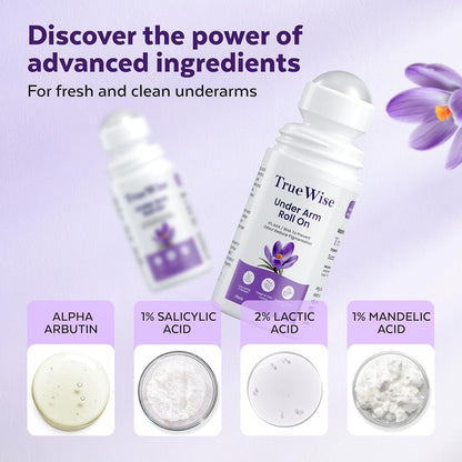 Truewise Underarm Roll On 50ml, 4% Aha Bha,2% Lactic Acid, 1% Mandelic Acid, 1% Salicylic Acid, Controls Odour & Reduces Pigmentation, 0% Aluminium & 0% Alcohol, Long Lasting Flora Fragrance