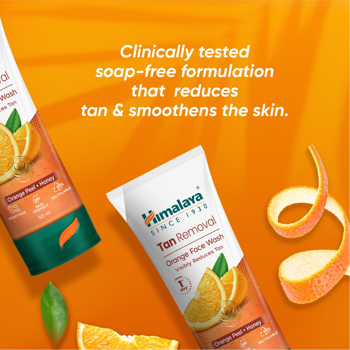 Himalaya Tan Removal Orange Peel Face Wash packaging on an orange background with text about its benefits.