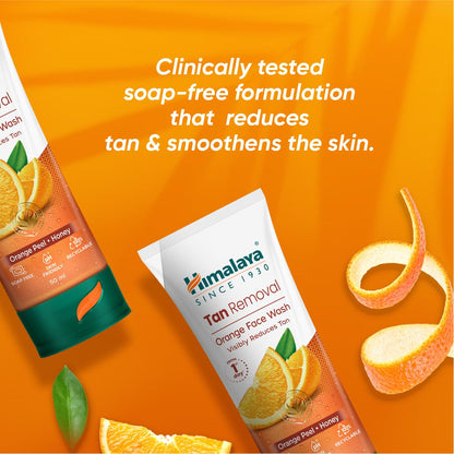 Himalaya Tan Removal Orange Peel Face Wash packaging on an orange background with text about its benefits.