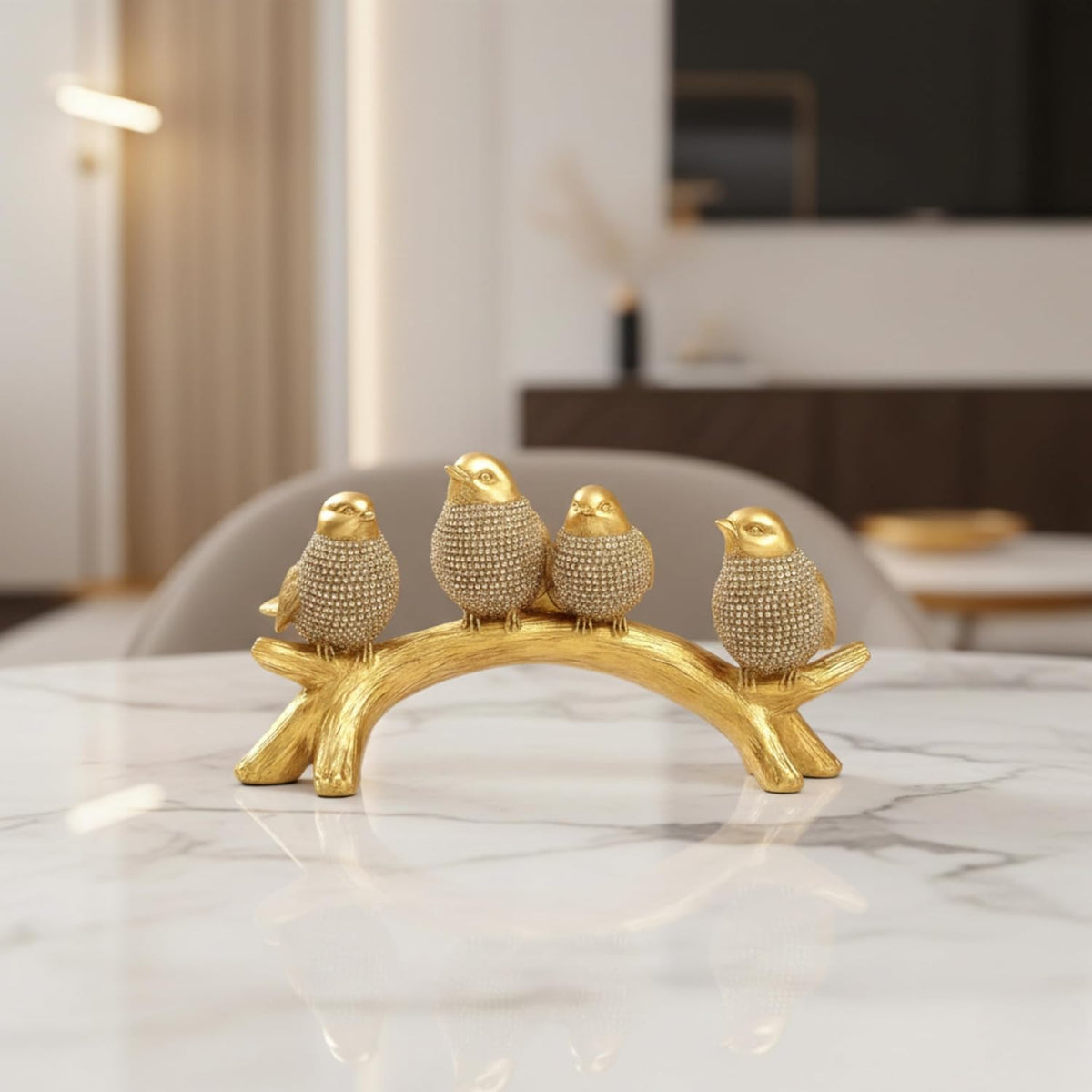 Golden Birds on Branch Showpiece for Home Decor – Resin Chirping Birds Figurine Statue for Living Room Shelf Table Decoration | Modern Decorative Bird Golden Showpiece (20.5 x 11.5 x 9 cm)