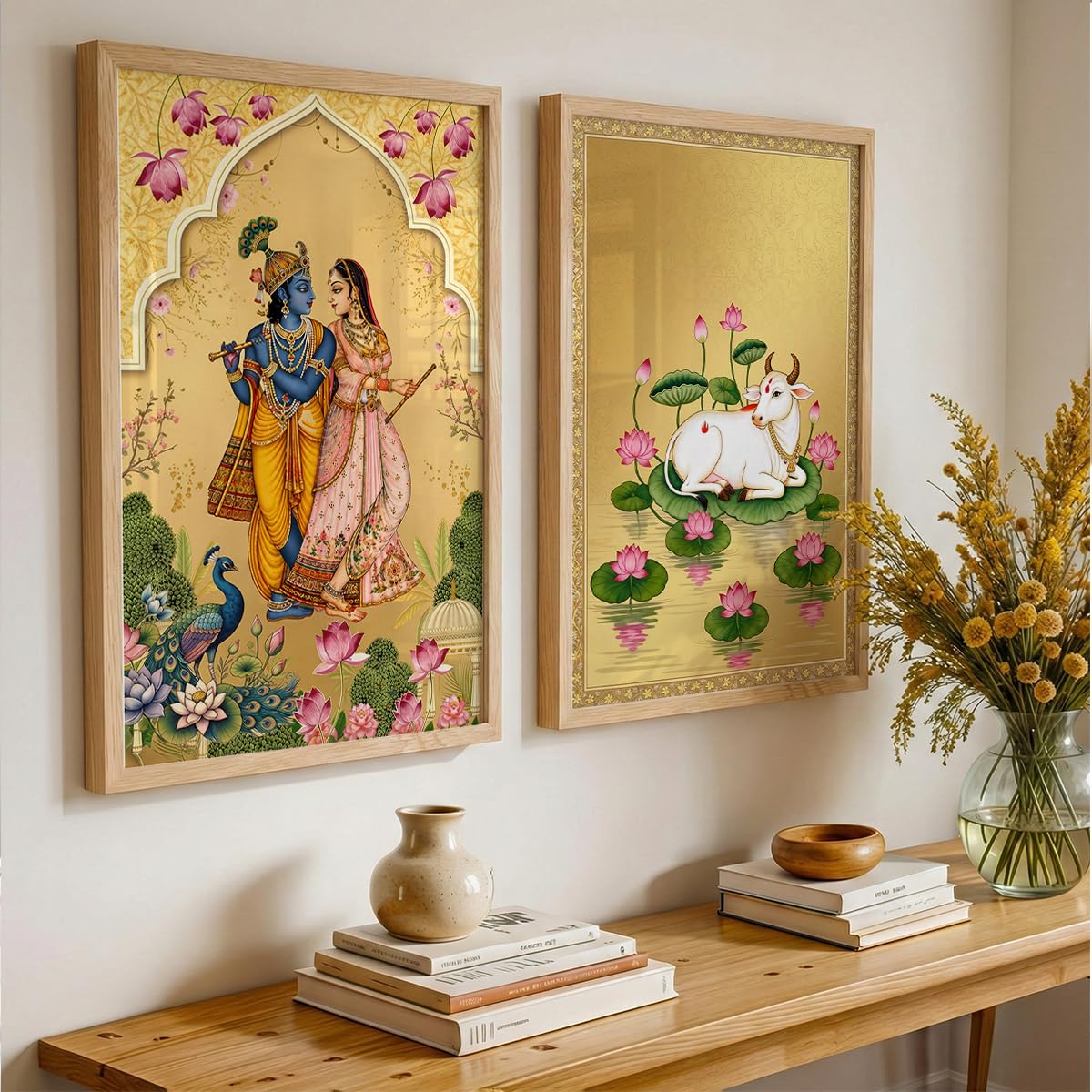 Pichwai Radha Krishna Nandi Cow Gold Wall Art Painting | Set of 2 Framed Paintings | Traditional Indian Decor for Living Room Pooja Room Bedroom | (ART 8, 13x19 INCHES)