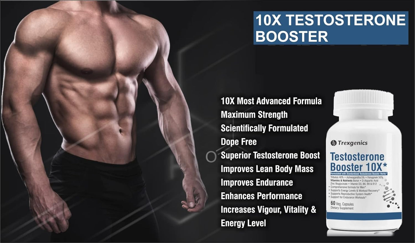 Muscular man with a testosterone booster supplement bottle on a dark background