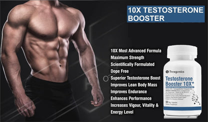 Muscular man with a testosterone booster supplement bottle on a dark background