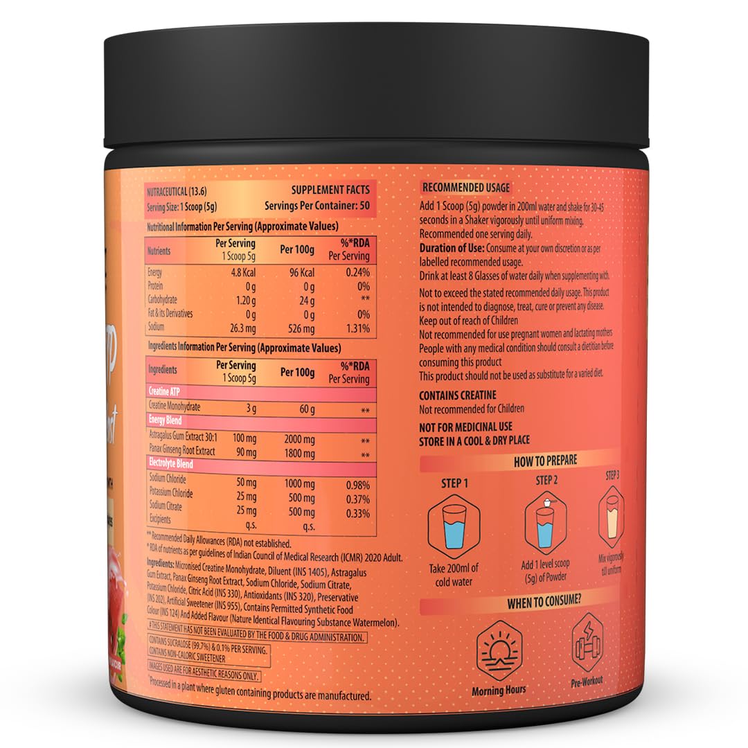 Supplement container with nutritional information and usage instructions on an orange background