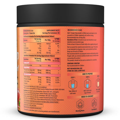 Supplement container with nutritional information and usage instructions on an orange background