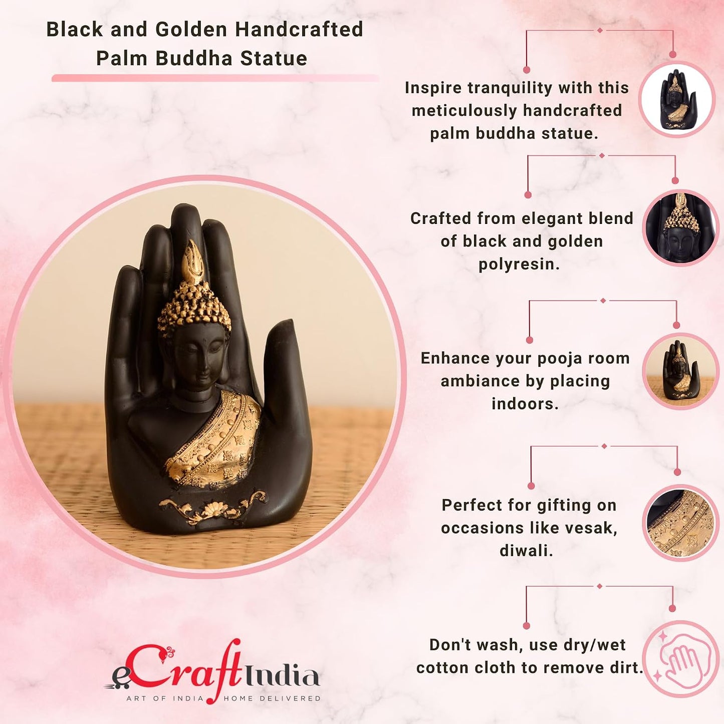 eCraftIndia Resin Black Golden Handcrafted Palm Buddha Statue Showpiece | Lord Buddha Idol for Home Decor Living Room Office | Gift for Diwali Buddha Purnima Housewarming Birthday