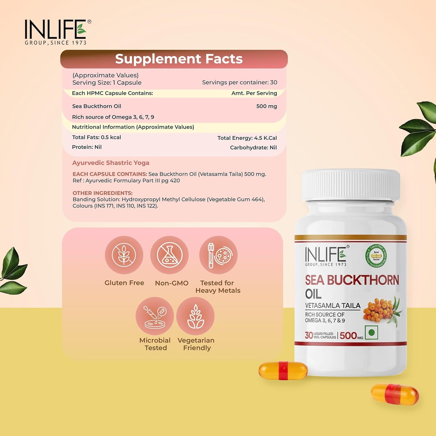 INLIFE Sea Buckthorn Oil Capsules 500mg | Omega 3 6 7 9 Supplement for Skin and Overall Wellness - 30 Liquid Filled Vegetarian Capsules (Pack of 1, 30)
