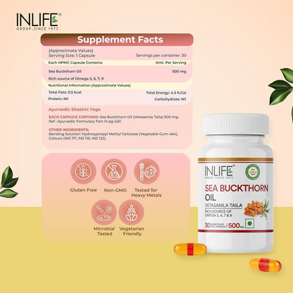 INLIFE Sea Buckthorn Oil Capsules 500mg | Omega 3 6 7 9 Supplement for Skin and Overall Wellness - 30 Liquid Filled Vegetarian Capsules (Pack of 1, 30)