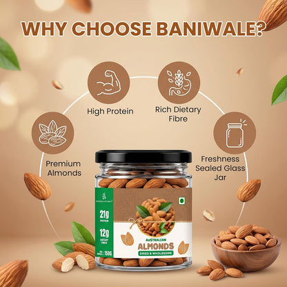 Baniwale Pure California Almonds/Badam Whole, 150g, Real Nuts, High in Fiber, Badam Giri, Rich in Protein, Magnesium, Phosphorus and Dietary Fibre, Nuts & Dry Fruits, Value Pack