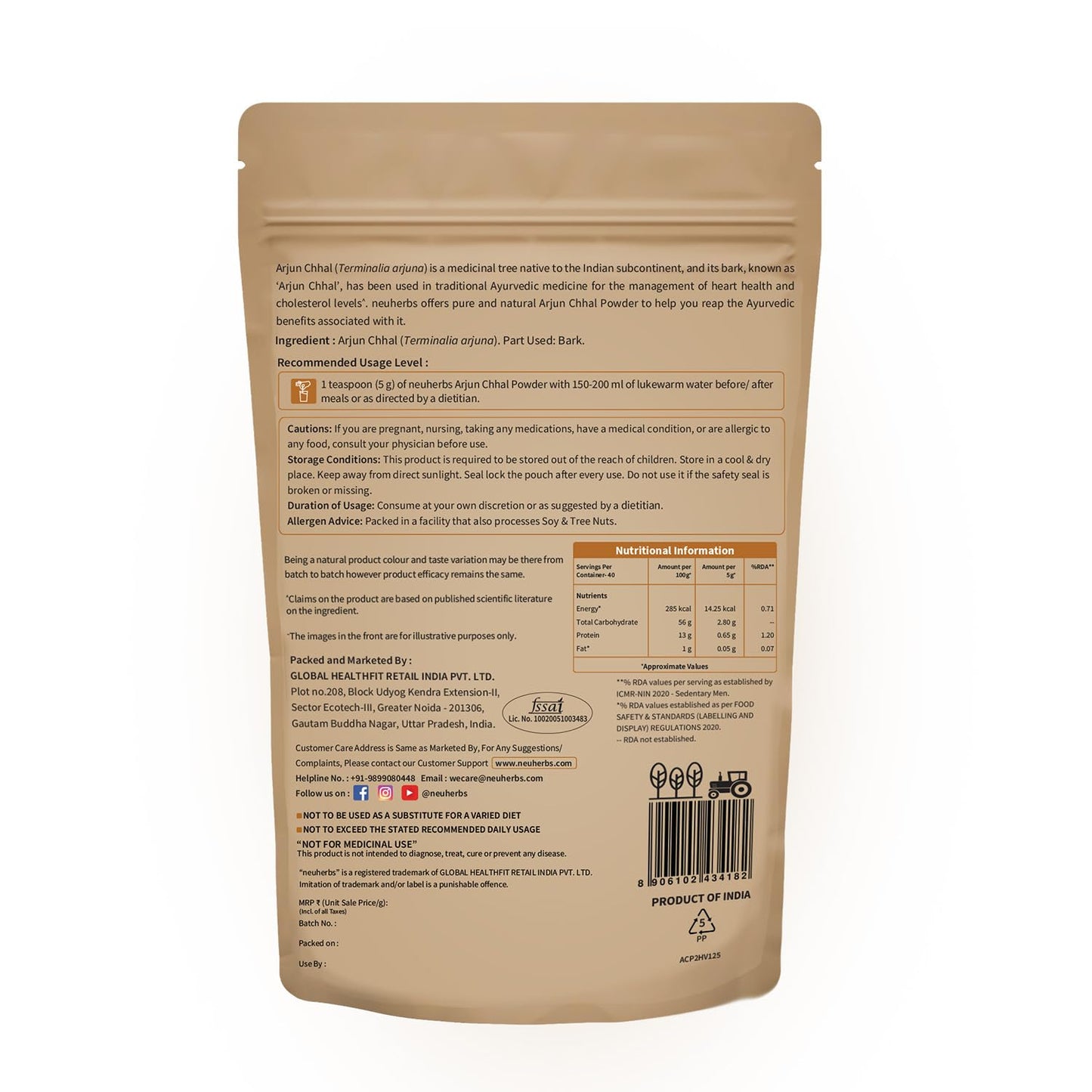 Neuherbs Arjun Chhal Powder - 200g | Arjun Ki Chaal Powder For Men & Women | Supports Heart Health & Promote Good Cholesterol | Rich In Antioxidants | 100% Pure & Natural