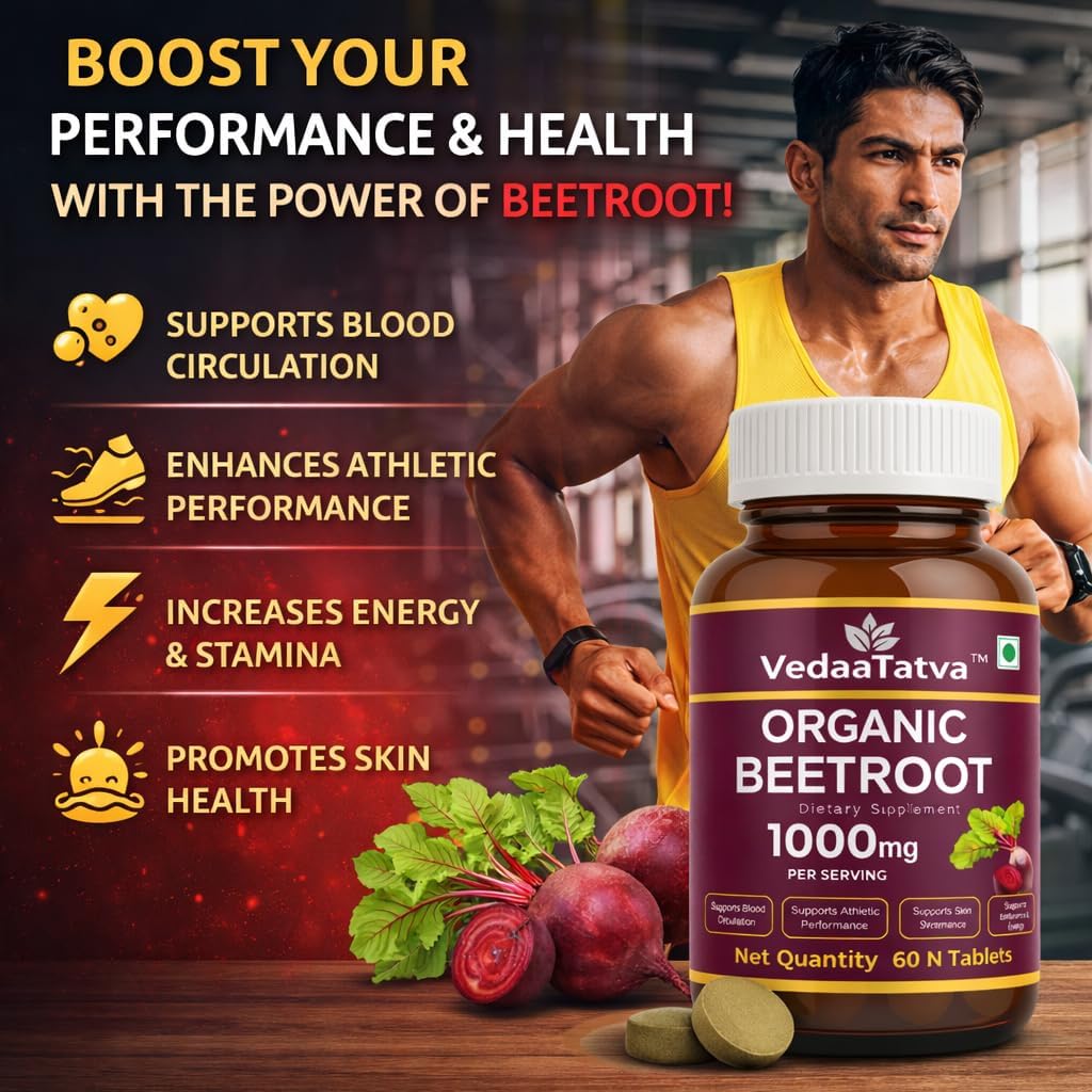 VedaaTatva Organic Beetroot supplement with a muscular man in a gym setting