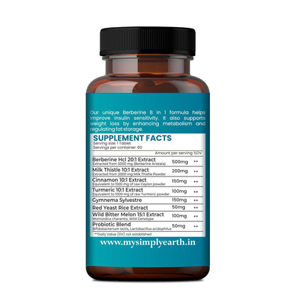 Simply Earth Berberis Berberine 95% (500mg) with Milk Thistle & Cinnamon, Turmeric & Black Pepper - For Optimal Health | Berberine HCL Supplements - 60 Veg Tablets