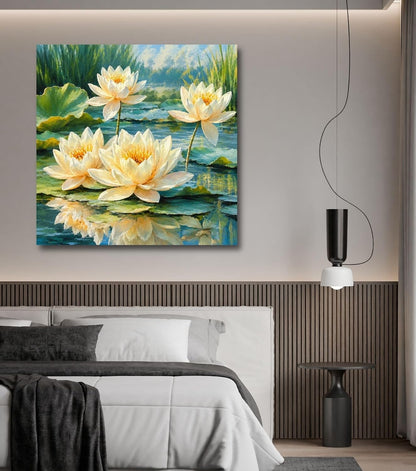 Lotus Flower Painting for Wall Vastu (15+ DESIGNS) Framed Lotus Canvas Painting for Living Room, Bedroom | Nature Floral Wall Art with Multiple Design Variations (Yellow White Lotus, 18x18 Inch, Framed)