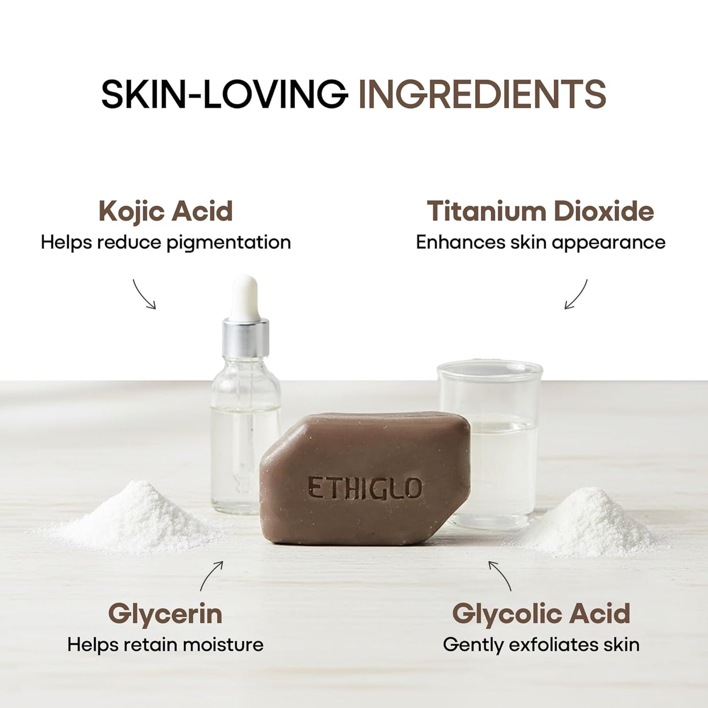 ETHIGLO soap bar with skin-loving ingredients listed on a white background