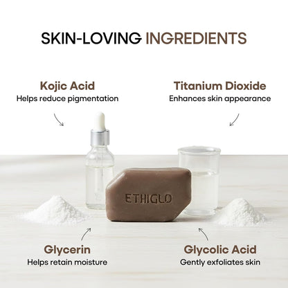ETHIGLO soap bar with skin-loving ingredients listed on a white background