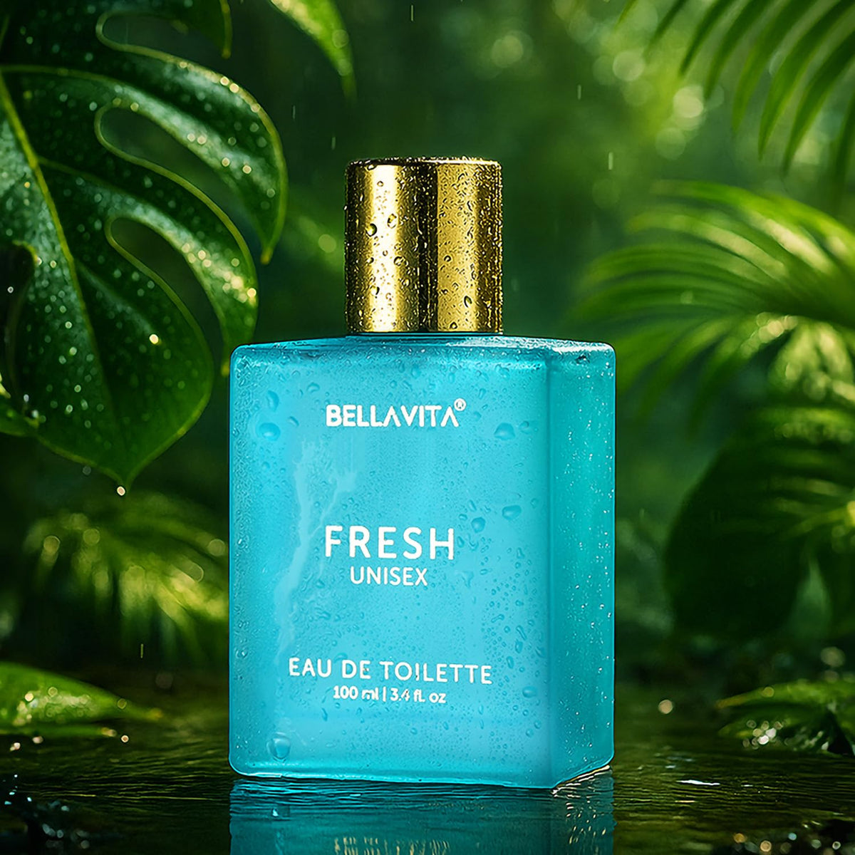 Blue bottle of Bellavita Fresh Unisex Eau de Toilette with a gold cap against a green leafy background.