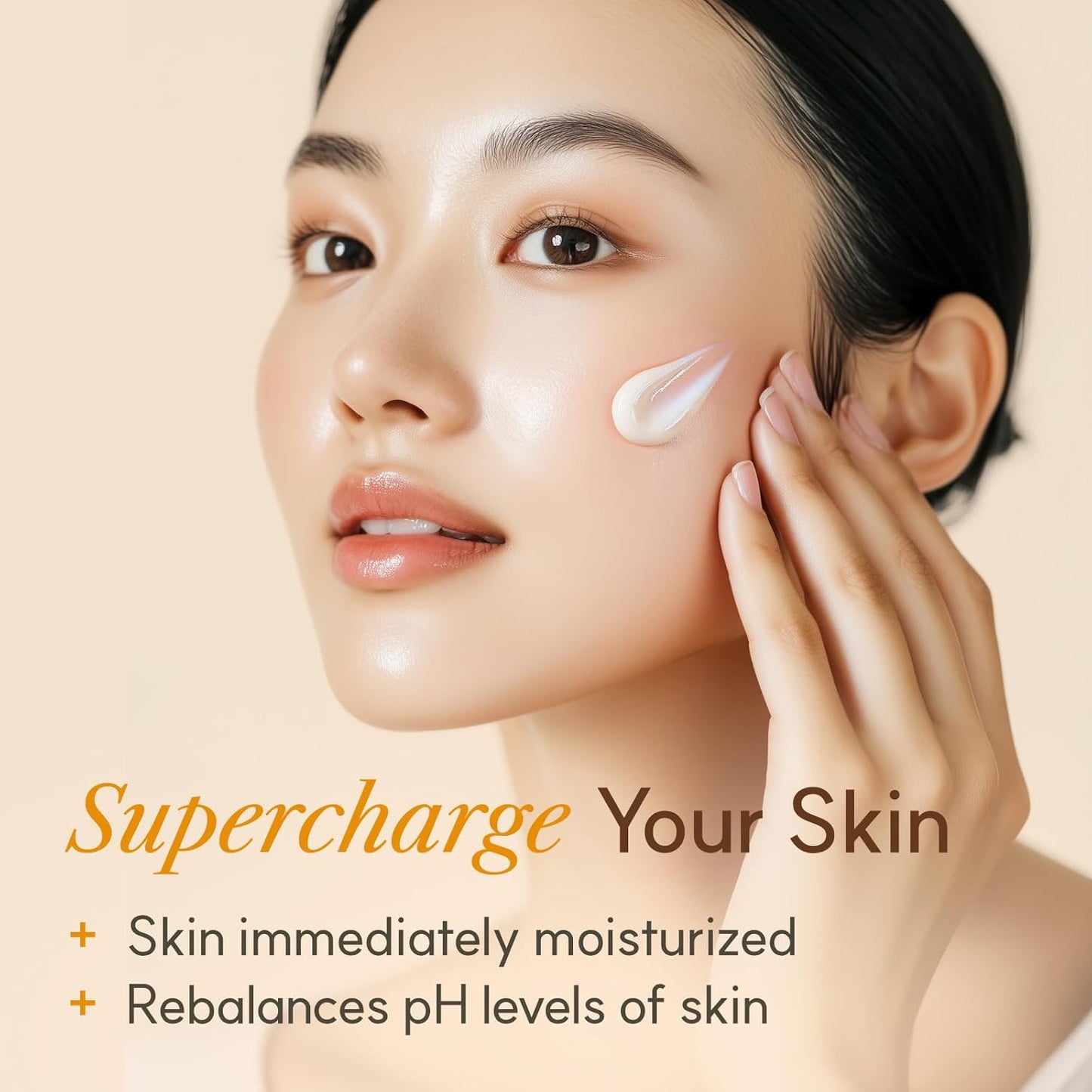 Woman applying skincare product with text 'Supercharge Your Skin' on a beige background