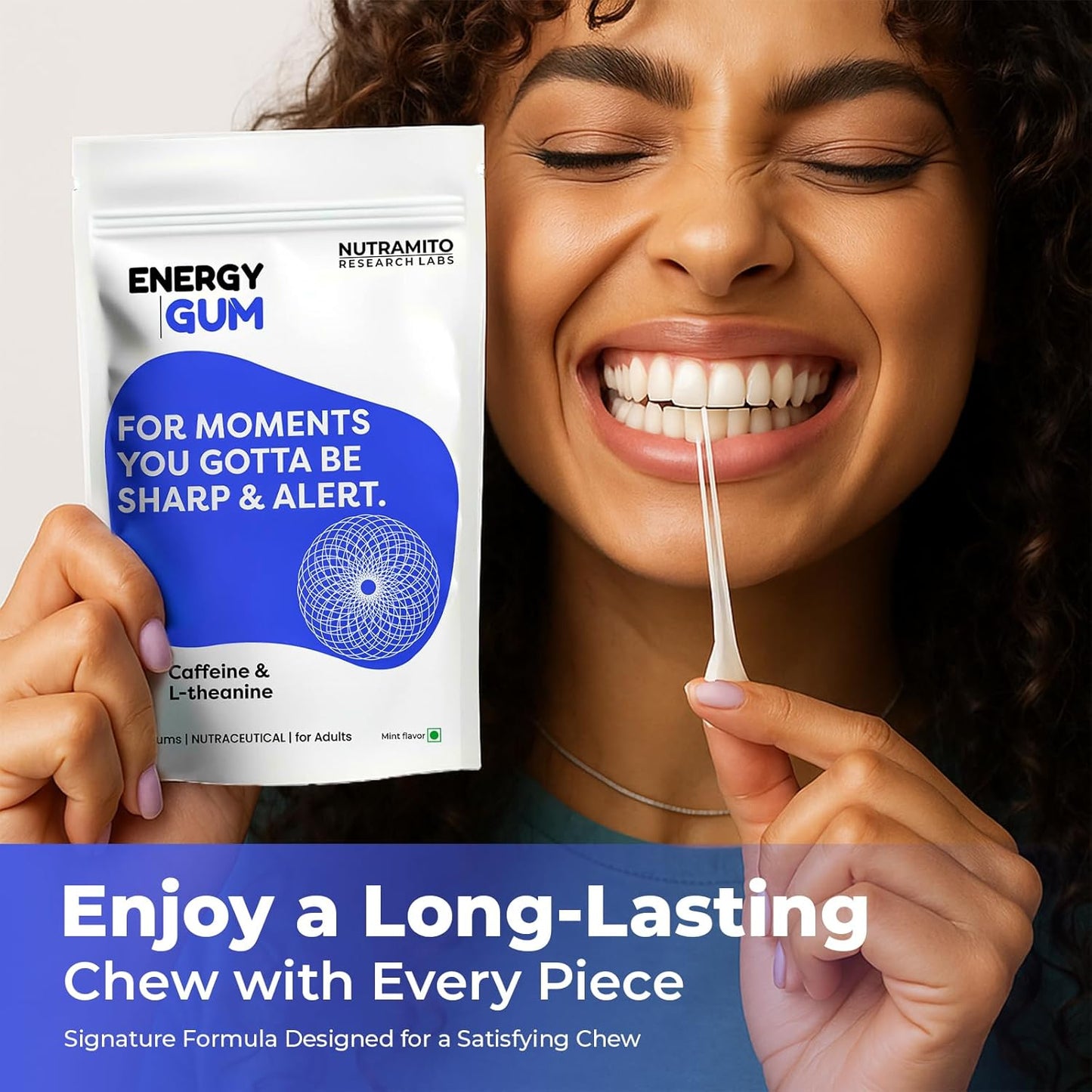 Energy Caffeine Gums by Nutramito (45 Gums) - L-theanine + Natural Caffeine - Energy & Focus Supplement for Women & Men - Mint Flavor | 45 Gums | Contains Caffeine 60mg & L-theanine 40 mg