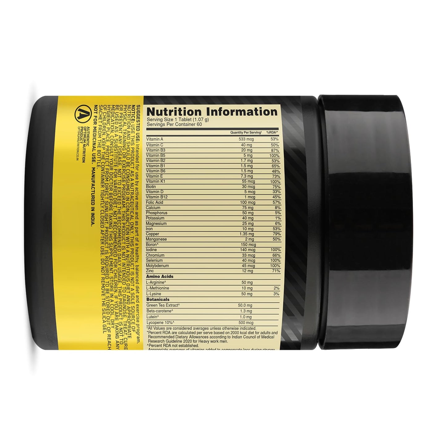 Optimum Nutrition (ON) Multivitamin for MEN– 60 Tablets, 26 Vitamins & Minerals, Amino Acids & Anti-Oxidants (Green Tea Extract, Beta Carotene, Lutein, Lycopene). Vegetarian.