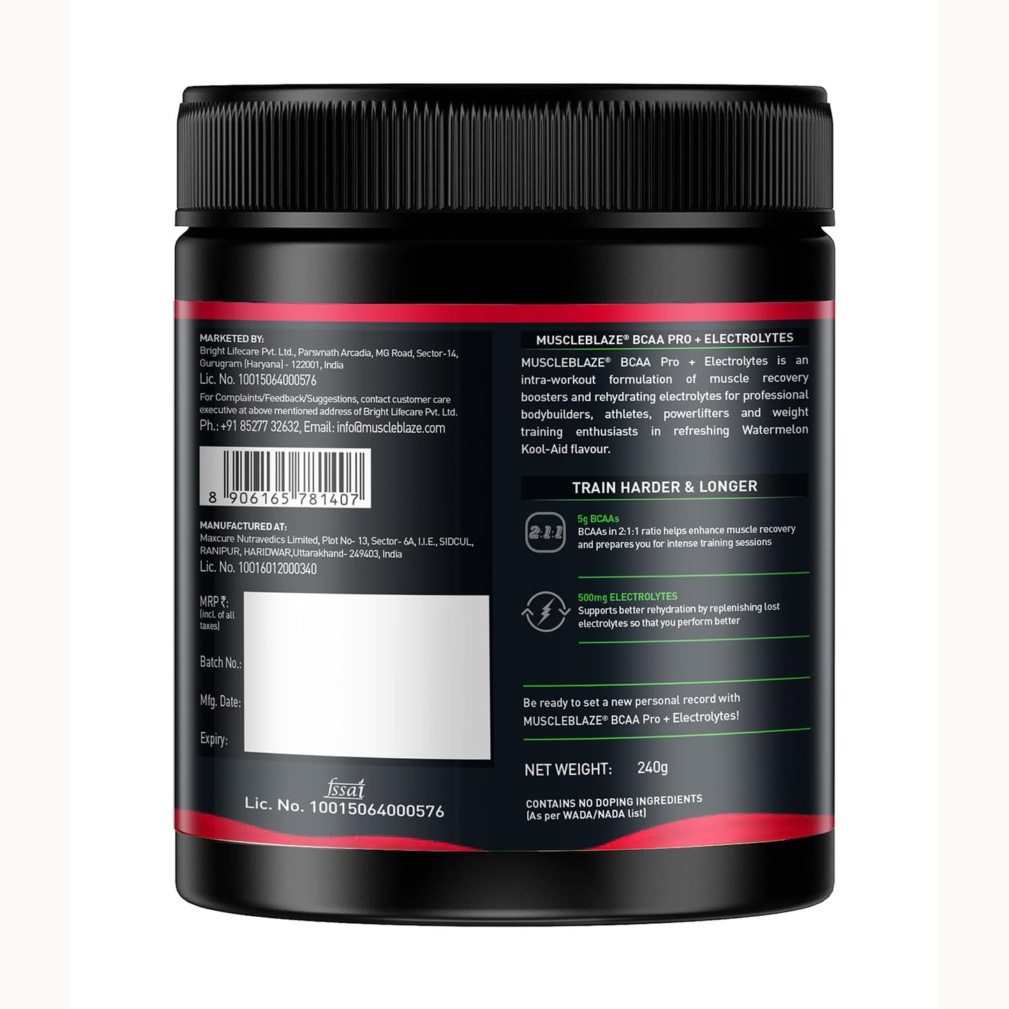 MuscleBlaze BCAA Pro Powder, Powerful Intra Workout (240g, 30 Servings) | With 5g BCAAs & 500mg Electrolytes