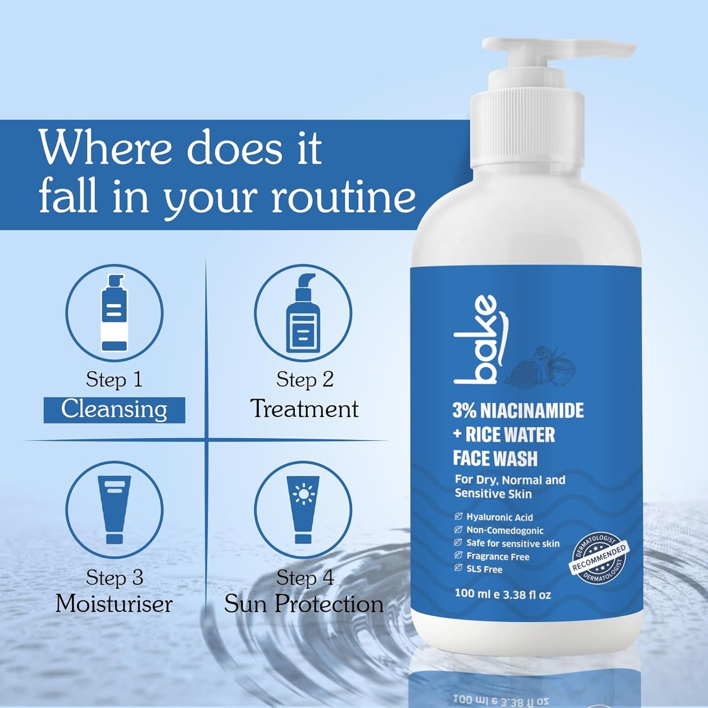 BAKE 3% Niacinamide Face Wash with Rice Water for Acne Marks, Scars & Dark Spots | Daily Anti Acne Face Wash | With Hyaluronic Acid - 100ml