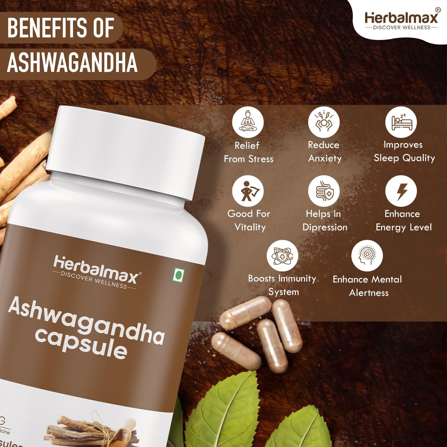 Herbal Max Ashwagandha General Wellness Capsules – 30 Veg Capsules 800mg | Ayurvedic Supplement for Stress Relief, Performance, Immunity & Energy