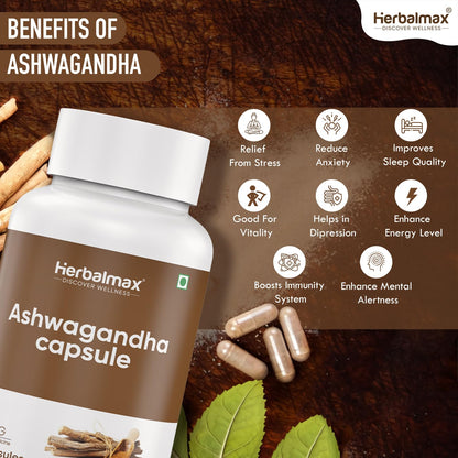 Herbal Max Ashwagandha General Wellness Capsules – 30 Veg Capsules 800mg | Ayurvedic Supplement for Stress Relief, Performance, Immunity & Energy