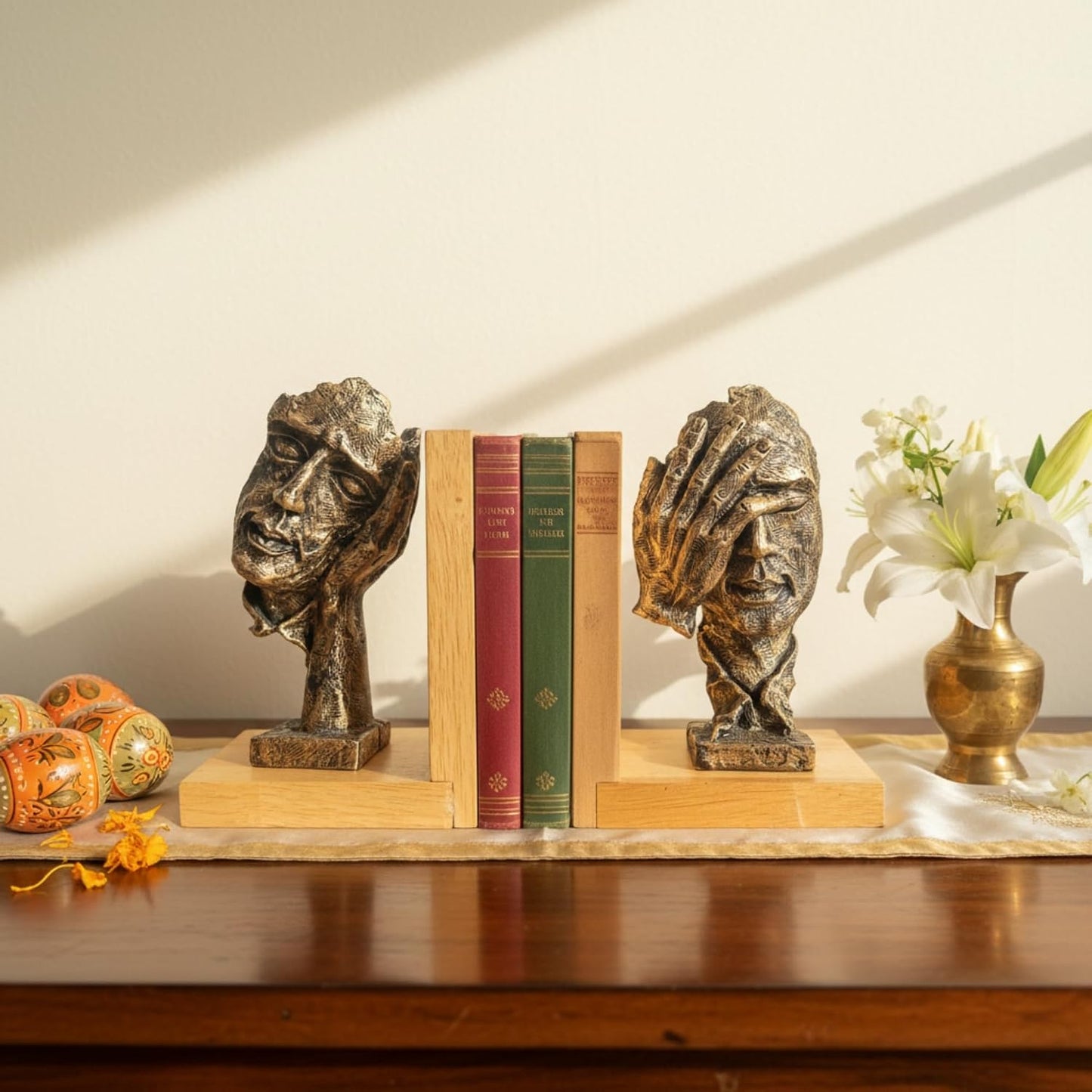 eCraftIndia Wooden Book End with Resin Handmade Human Face with Hand Showpieces for Home Decor Office Table | Gift for Housewarming Birthday