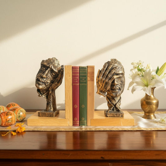 eCraftIndia Wooden Book End with Resin Handmade Human Face with Hand Showpieces for Home Decor Office Table | Gift for Housewarming Birthday