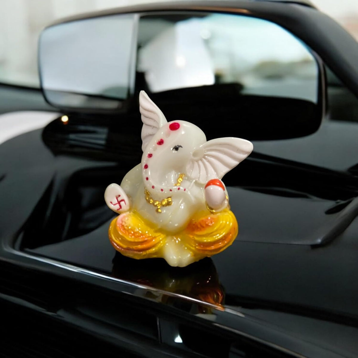 Lord Ganesha Idol for Car Dashboard | Composite Marble Ganesh | Available in White, Golden & Black | Small Sitting Ganpati Murti