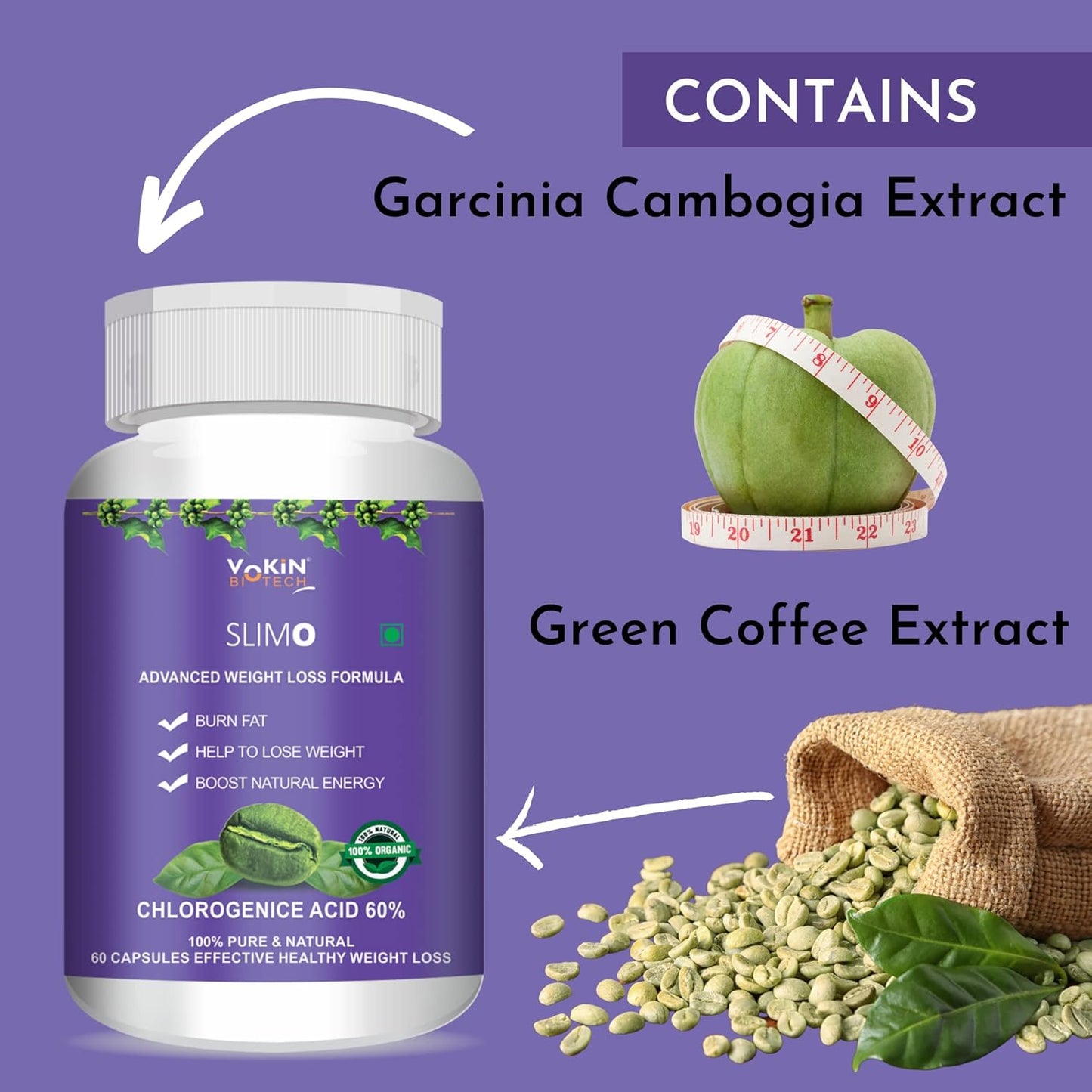 Slim0 weight loss supplement bottle with Garcinia Cambogia and Green Coffee Extract text on a purple background.