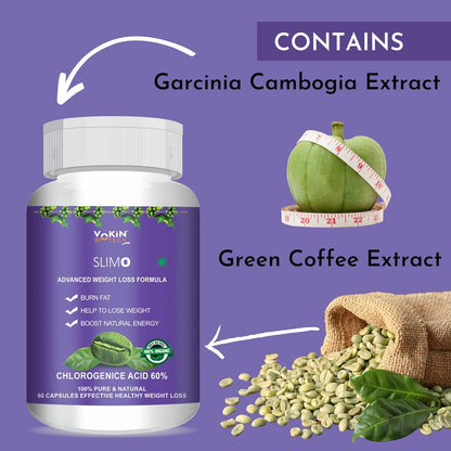 Slim0 weight loss supplement bottle with Garcinia Cambogia and Green Coffee Extract text on a purple background.