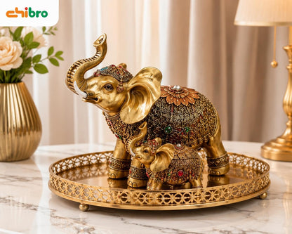 Decorative Elephant Showpiece for Home Décor | Resin Lucky Elephant Statue with Mother & Baby Design | Tabletop Feng Shui Good Luck Idol (Golden Elephant Family)