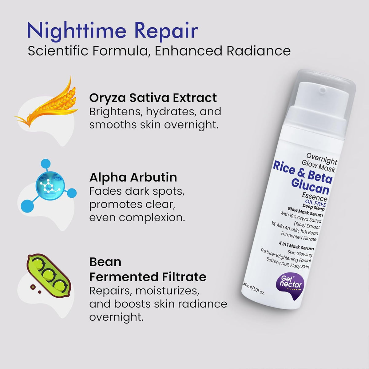 Cosmetic product with ingredients and benefits on a light gray background