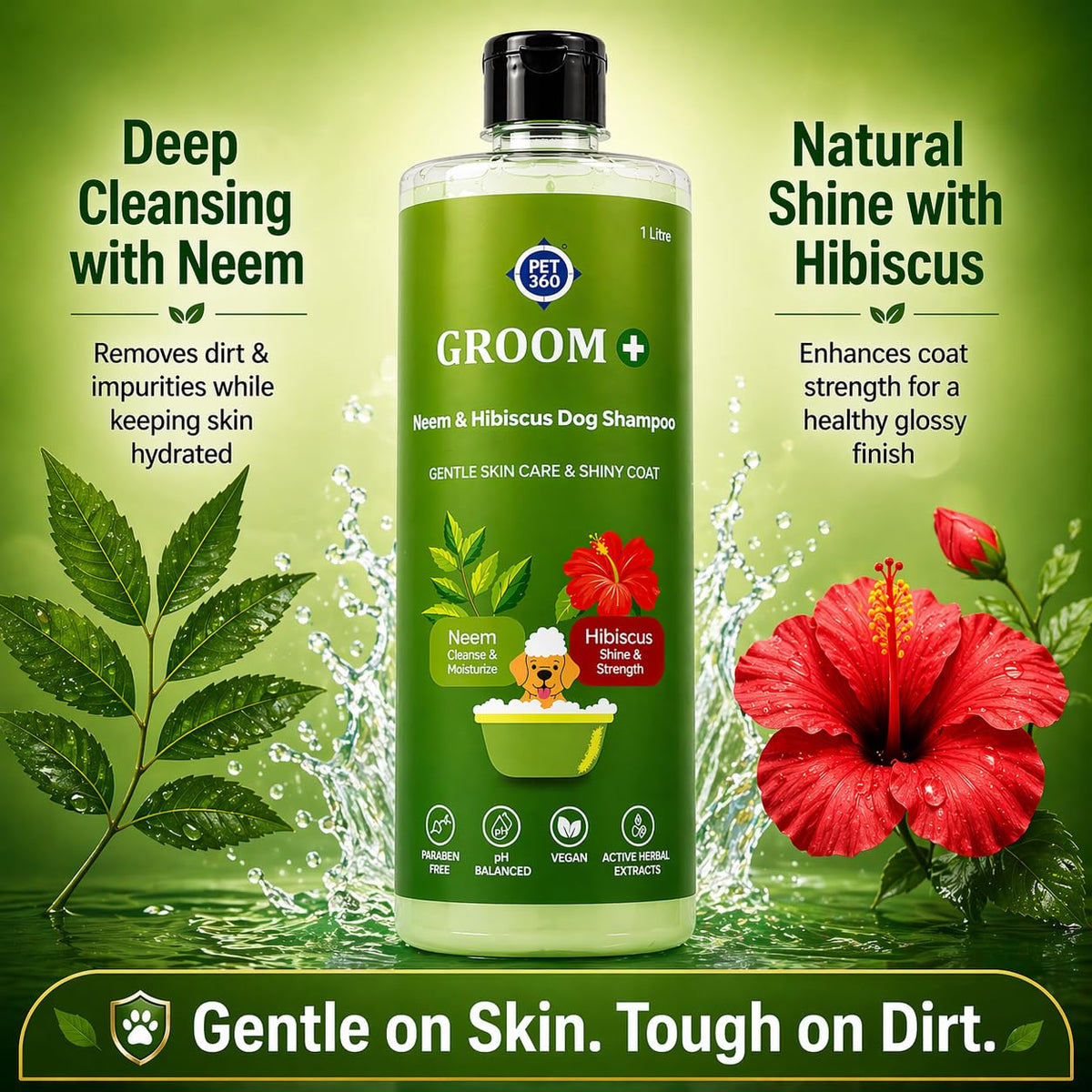PET360 Groom+ Neem Hibiscus Oatmeal Dog Shampoo 200ml | Vegan Cruelty-Free | Non-Toxic pH Balanced | Phthalate & Paraben Free | Natural Pet Grooming