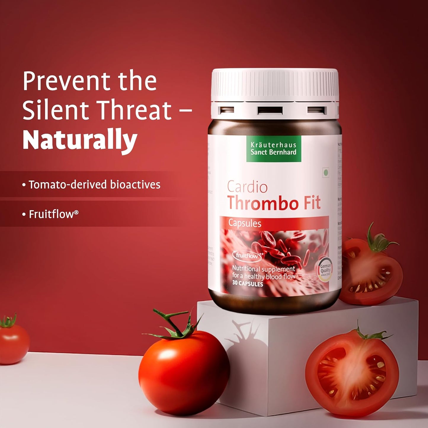 Supplement bottle labeled 'Cardio Thrombo Fit' with tomatoes on a red background