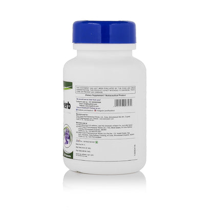 Supplement bottle with blue cap and visible label on a white background