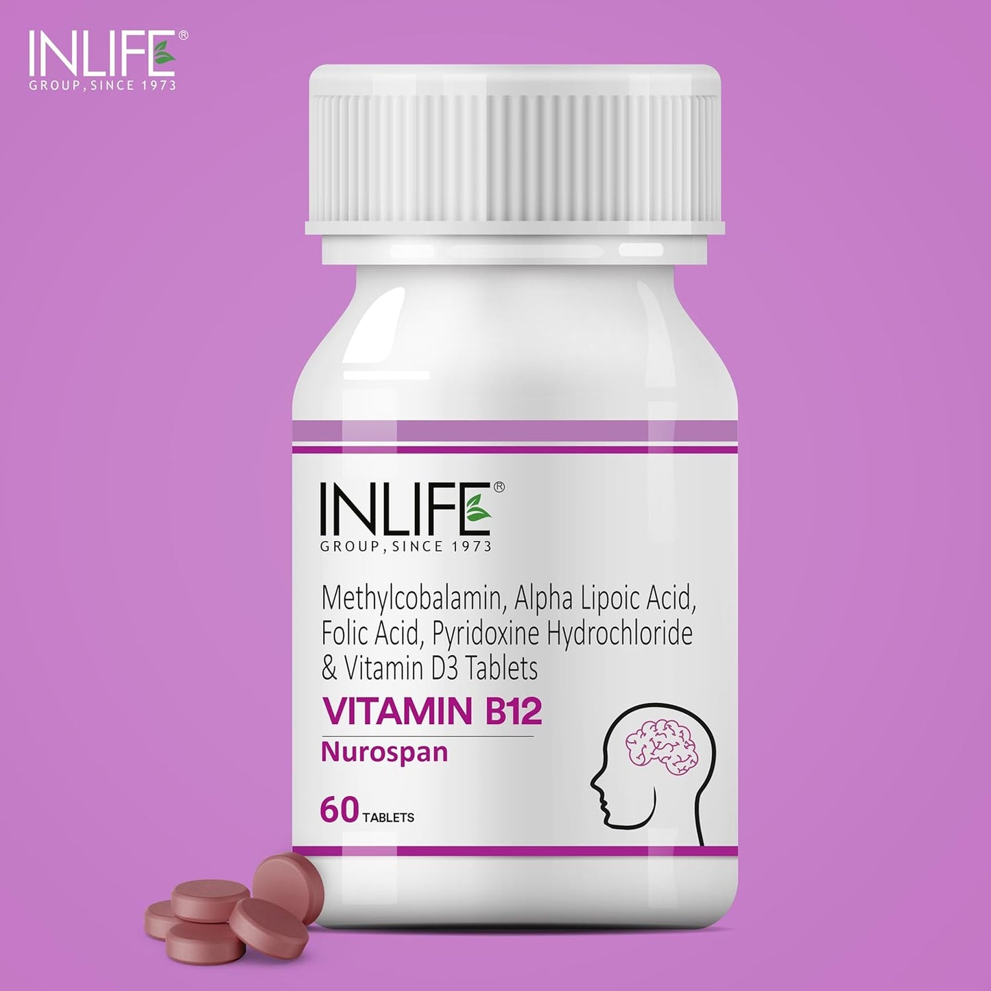 INLIFE Vitamin B12 (Methylcobalamin) 1500mcg Supplement with ALA, Folic Acid, Vitamin D3 | Nerve and Brain Health for Men & Women – 60 Tablets(Pack Of 1, 60)