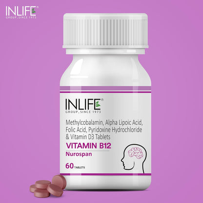 INLIFE Vitamin B12 (Methylcobalamin) 1500mcg Supplement with ALA, Folic Acid, Vitamin D3 | Nerve and Brain Health for Men & Women – 60 Tablets(Pack Of 1, 60)