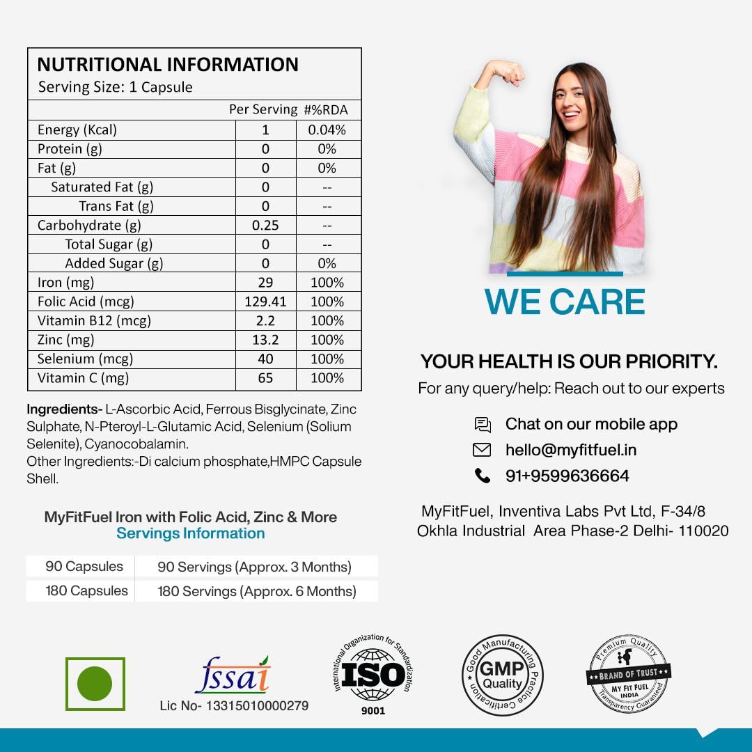 MyFitFuel Iron (3 Months) + Folic Acid, Zinc, Vitamin C & B12 Supplement For Hemoglobin, Immunity & Energy, (90 Capsules)