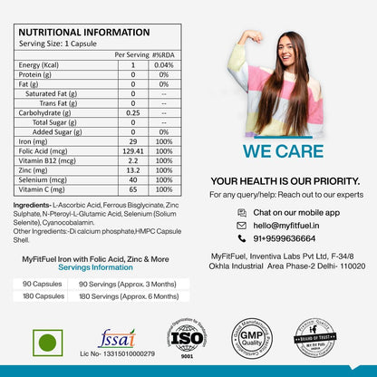 MyFitFuel Iron (3 Months) + Folic Acid, Zinc, Vitamin C & B12 Supplement For Hemoglobin, Immunity & Energy, (90 Capsules)