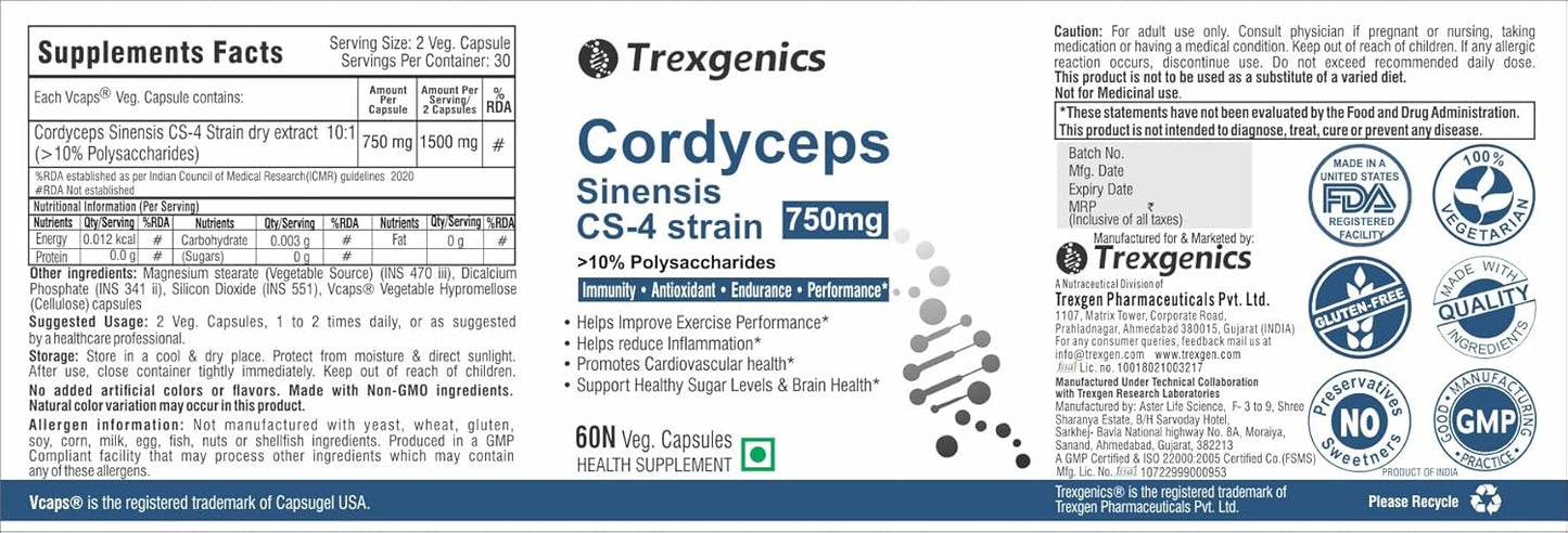 Supplement label for Trexgenics Cordyceps Sinensis CS-4 strain 750mg with various logos and text.