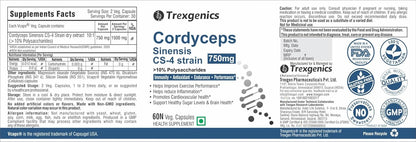 Supplement label for Trexgenics Cordyceps Sinensis CS-4 strain 750mg with various logos and text.