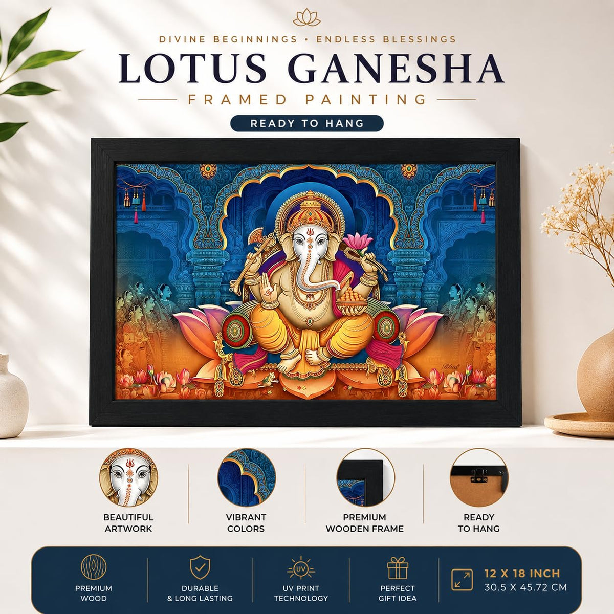 Wood Xtore Lotus Ganesha Art Framed Religious Painting, Ready to Hang (12inch x 18 inch, Multicolor)