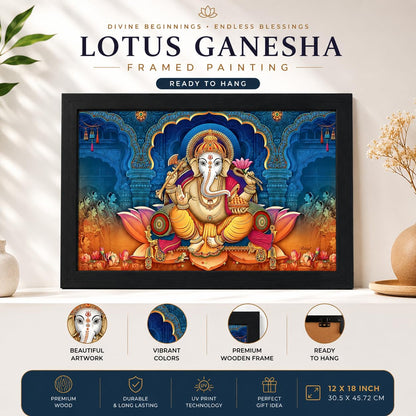 Wood Xtore Lotus Ganesha Art Framed Religious Painting, Ready to Hang (12inch x 18 inch, Multicolor)