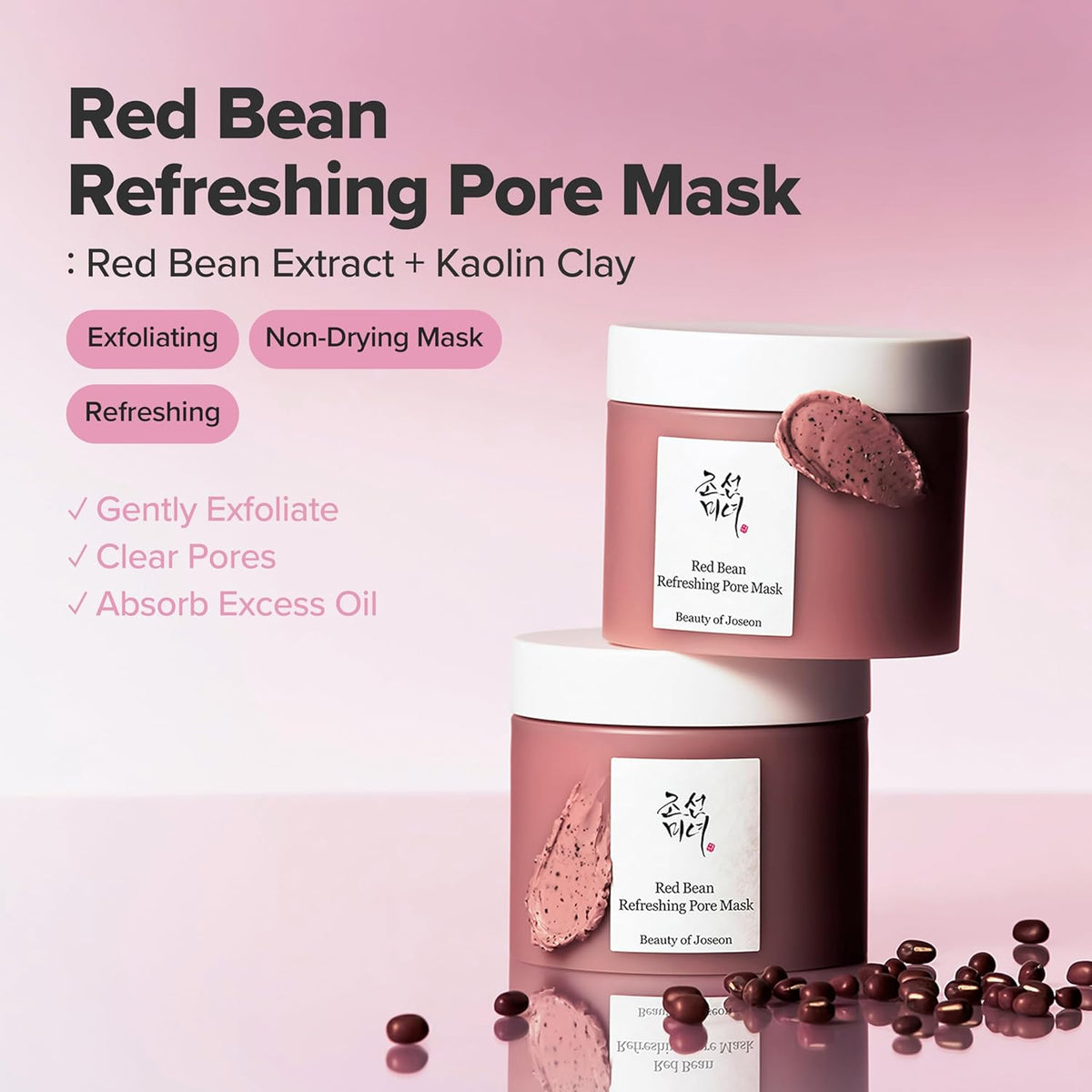 Red Bean Refreshing Pore Mask with product details on a pink background